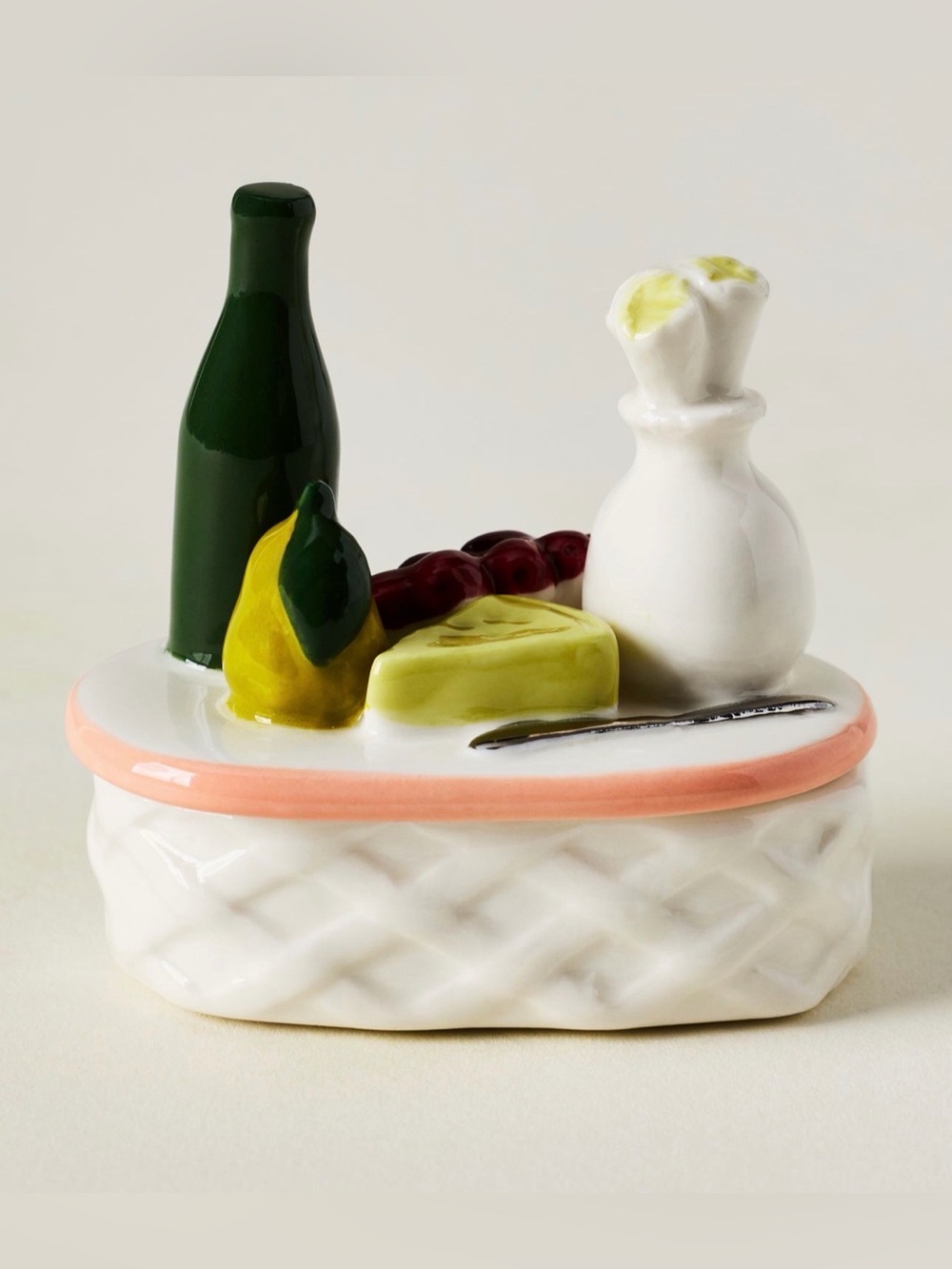Anthropologie Tiny Stoneware Picnic Basket Trinket Box NWT